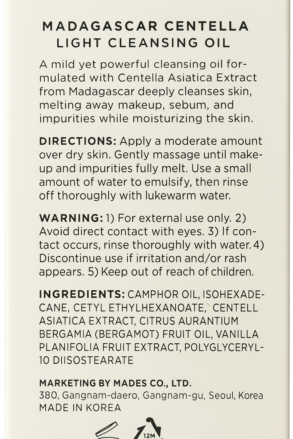 Aceite Limpiador Facial Ligero /SKIN1004 Madagascar Centella Light Cleansing Oil